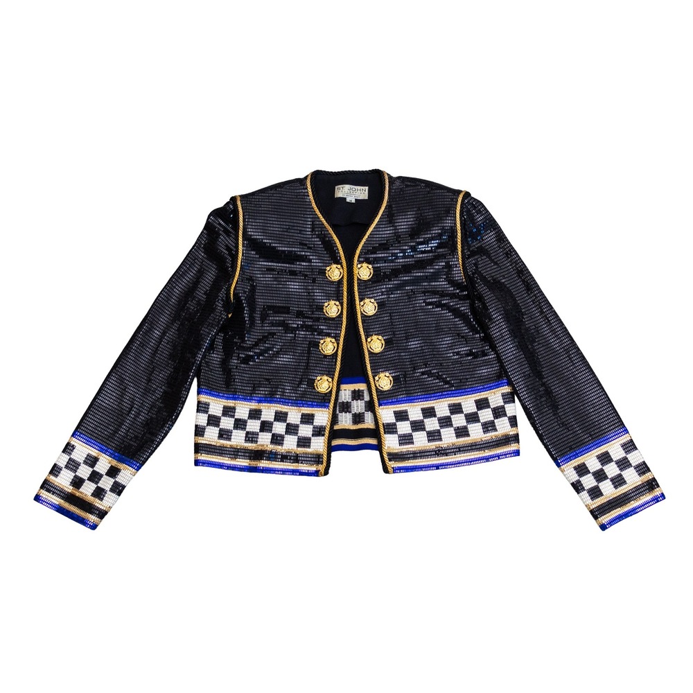 Vintage St John Collection Marie Gray Sequin Jacket Size 14 Black Gold Blue USA